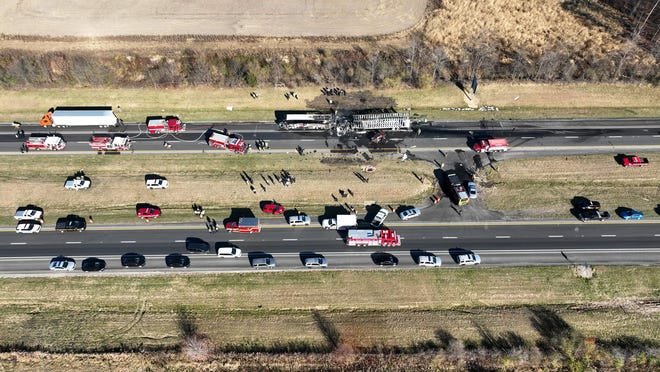 Nov 14, 2023;  Columbus, Ohio, USA;  Both directions of Interstate 70 are closed in Licking County near the State Route 310 interchange after a "mass casualty incident." Around 8:45 am Tuesday, dozens of emergency personnel from across Licking County and eastern Franklin County were dispatched to the area on a report of a crash.  Scanner traffic indicated that a tractor-trailer hit a commercial bus carrying dozens of passengers.