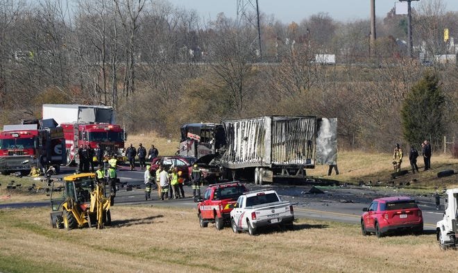 Nov 14, 2023;  Columbus, Ohio, USA;  Both directions of Interstate 70 are closed in Licking County near the State Route 310 interchange after a "mass casualty incident." Around 8:45 am Tuesday, dozens of emergency personnel from across Licking County and eastern Franklin County were dispatched to the area on a report of a crash.  Scanner traffic indicated that a tractor-trailer hit a commercial bus carrying dozens of passengers.