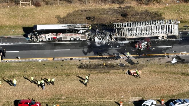 Nov 14, 2023;  Columbus, Ohio, USA;  Both directions of Interstate 70 are closed in Licking County near the State Route 310 interchange after a "mass casualty incident." Around 8:45 am Tuesday, dozens of emergency personnel from across Licking County and eastern Franklin County were dispatched to the area on a report of a crash.  Scanner traffic indicated that a tractor-trailer hit a commercial bus carrying dozens of passengers.