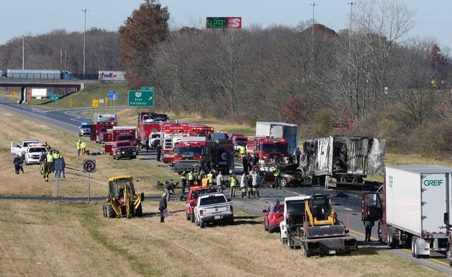 Nov 14, 2023;  Columbus, Ohio, USA;  Both directions of Interstate 70 are closed in Licking County near the State Route 310 interchange after a "mass casualty incident." Around 8:45 am Tuesday, dozens of emergency personnel from across Licking County and eastern Franklin County were dispatched to the area on a report of a crash.  Scanner traffic indicated that a tractor-trailer hit a commercial bus carrying dozens of passengers.