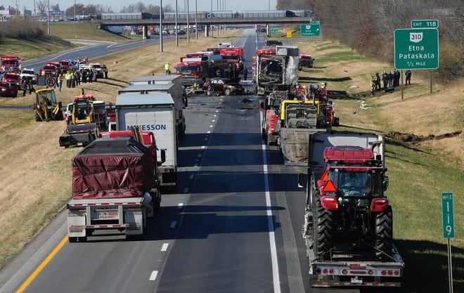 Nov 14, 2023;  Columbus, Ohio, USA;  Both directions of Interstate 70 are closed in Licking County near the State Route 310 interchange after a "mass casualty incident." Around 8:45 am Tuesday, dozens of emergency personnel from across Licking County and eastern Franklin County were dispatched to the area on a report of a crash.  Scanner traffic indicated that a tractor-trailer hit a commercial bus carrying dozens of passengers.