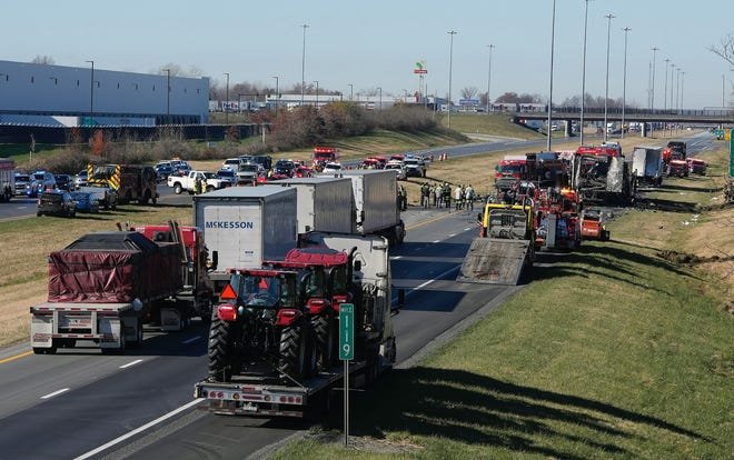 Nov 14, 2023;  Columbus, Ohio, USA;  Both directions of Interstate 70 are closed in Licking County near the State Route 310 interchange after a "mass casualty incident." Around 8:45 am Tuesday, dozens of emergency personnel from across Licking County and eastern Franklin County were dispatched to the area on a report of a crash.  Scanner traffic indicated that a tractor-trailer hit a commercial bus carrying dozens of passengers.