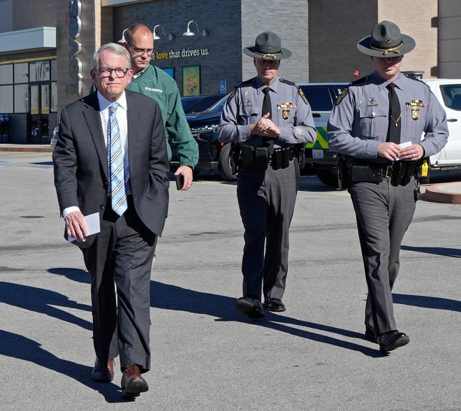 Nov. 14, 2023;  Etna, Oh., USA;  Ohio Governor Mike DeWine arrives to speak to media at a truck stop near the scene of a fatal bus accident on Interstate 70, near the State Route 310 interchange, in Licking County.  Three people are reported to be dead with over a dozen injured.