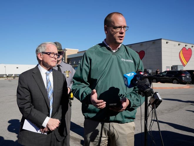 Nov. 14, 2023;  Etna, Oh., USA;  Ohio Governor Mike DeWine and Ohio Department of Transportation Press Secretary Matt Bruning speak to media near the scene of a fatal bus accident on Interstate 70, near the State Route 310 interchange, in Licking County.  Three people are reported to be dead with over a dozen injured.