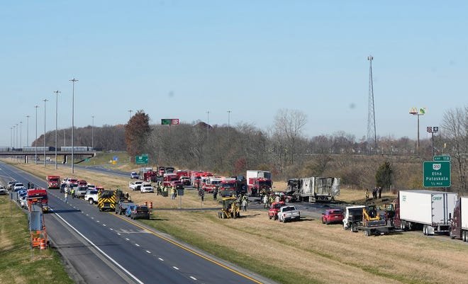 Nov 14, 2023;  Columbus, Ohio, USA;  Both directions of Interstate 70 are closed in Licking County near the State Route 310 interchange after a "mass casualty incident." Around 8:45 am Tuesday, dozens of emergency personnel from across Licking County and eastern Franklin County were dispatched to the area on a report of a crash.  Scanner traffic indicated that a tractor-trailer hit a commercial bus carrying dozens of passengers.