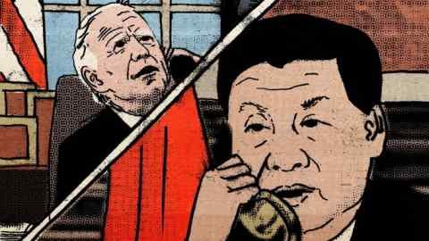 Ellie Foreman-Peck illustration of Joe Biden and Xi Jingping having a telephone conversation in a cartoon strip style